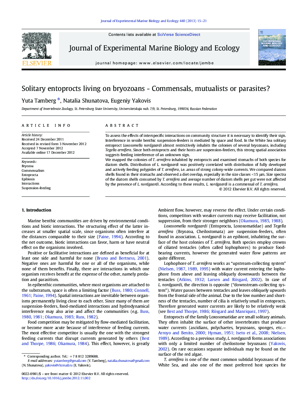 Solitary entoprocts living on bryozoans - Commensals, mutualists or parasites?