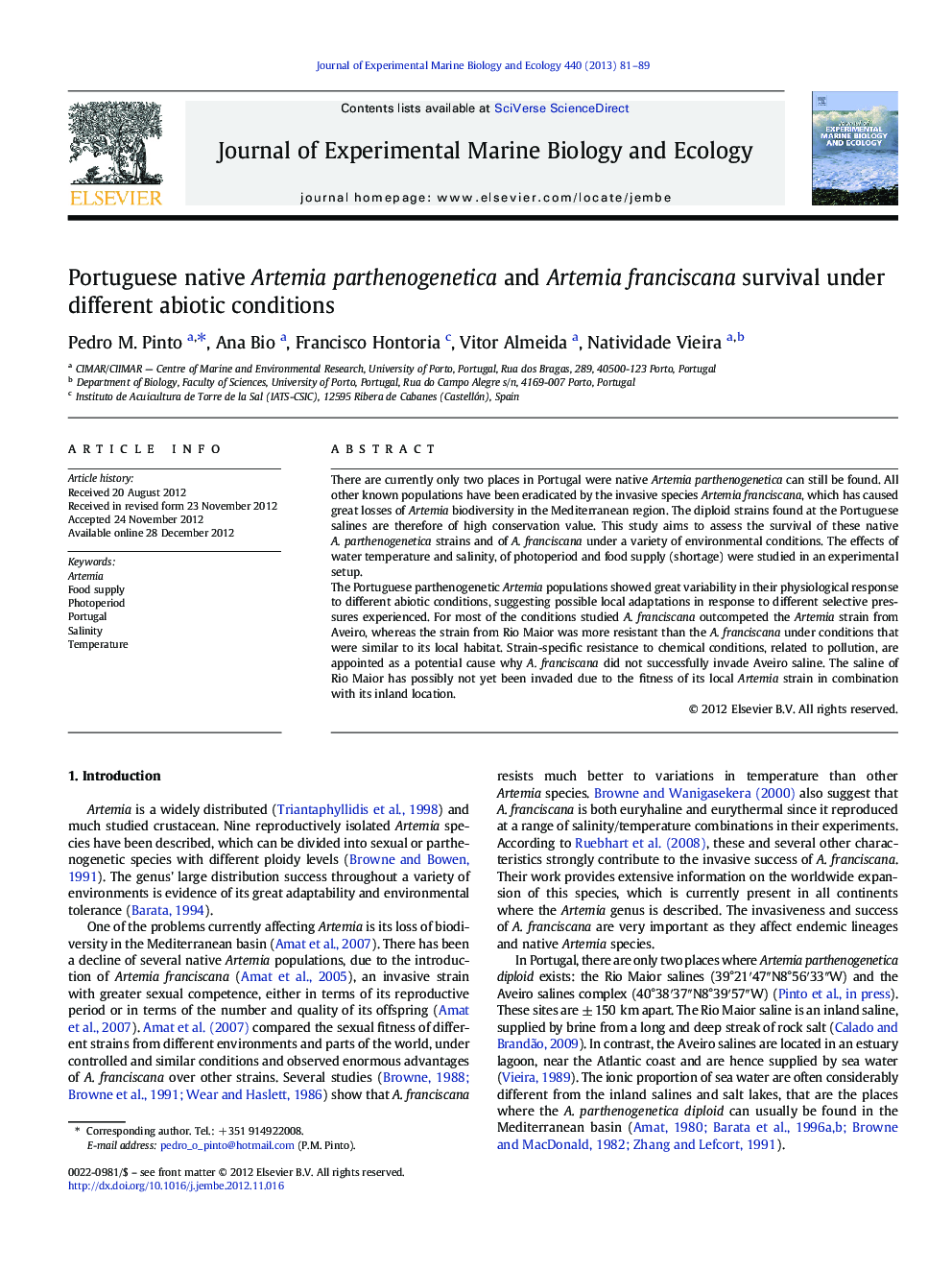 Portuguese native Artemia parthenogenetica and Artemia franciscana survival under different abiotic conditions