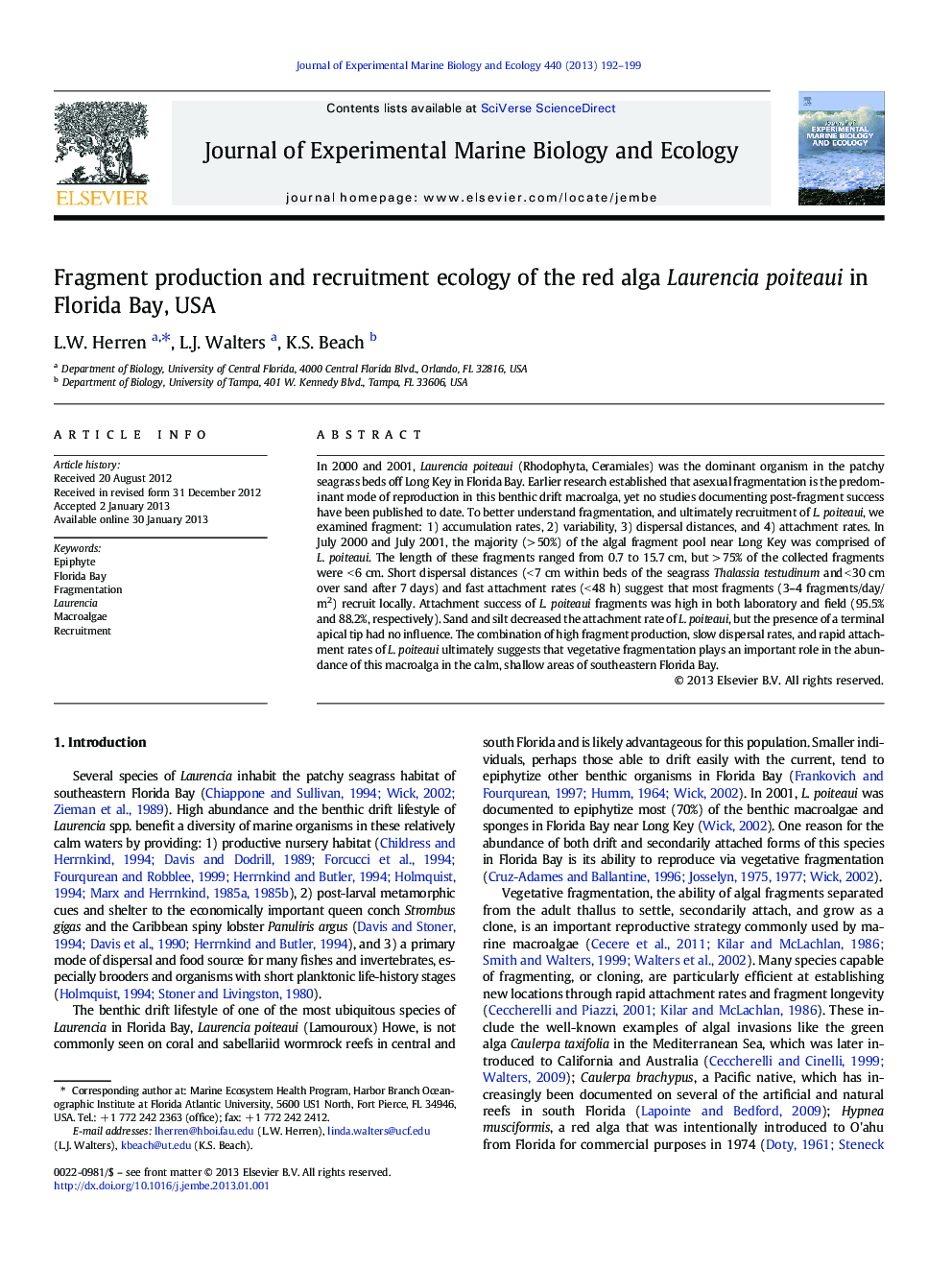 Fragment production and recruitment ecology of the red alga Laurencia poiteaui in Florida Bay, USA