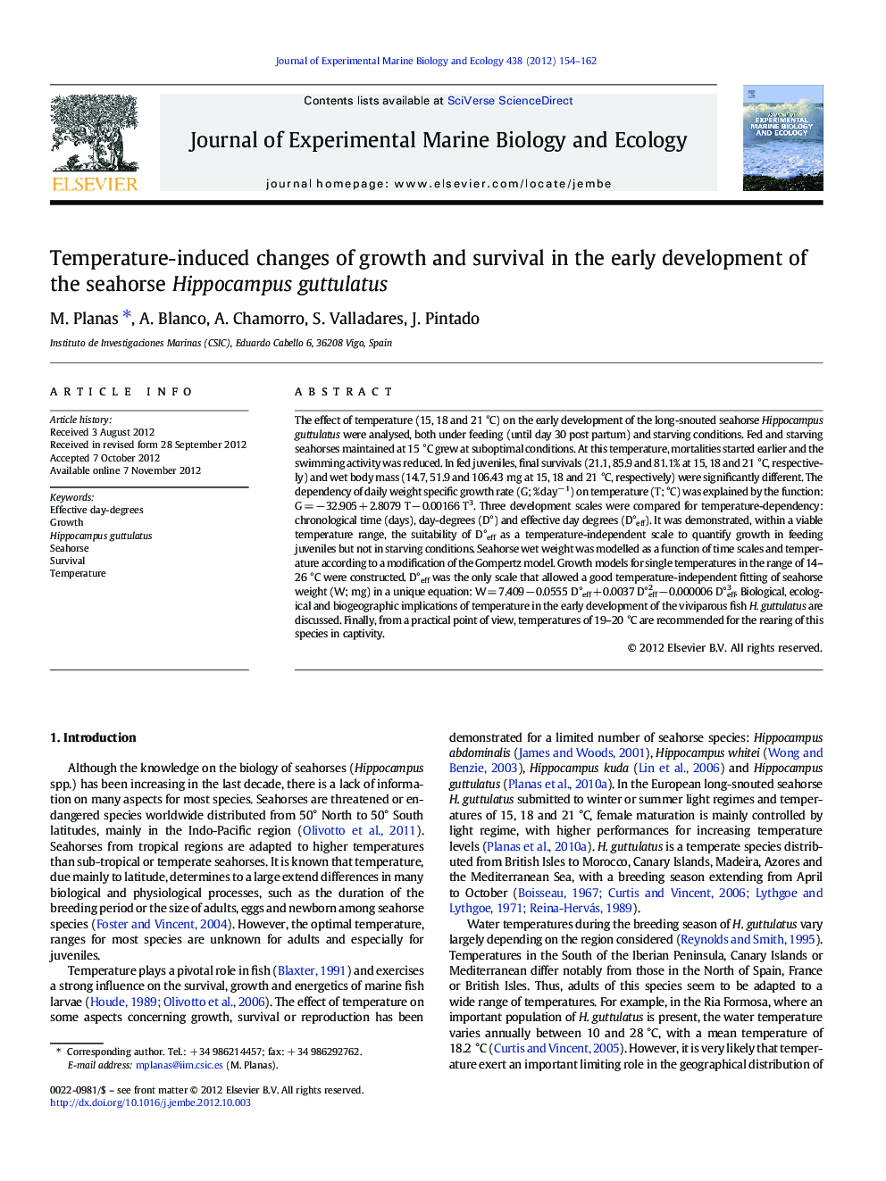 Temperature-induced changes of growth and survival in the early development of the seahorse Hippocampus guttulatus