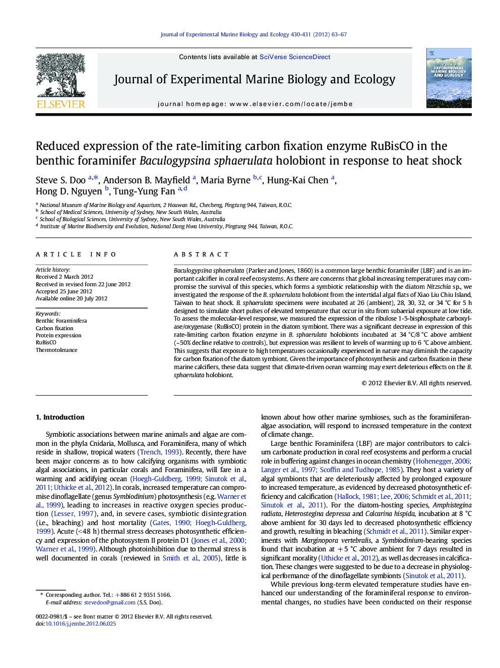 Reduced expression of the rate-limiting carbon fixation enzyme RuBisCO in the benthic foraminifer Baculogypsina sphaerulata holobiont in response to heat shock