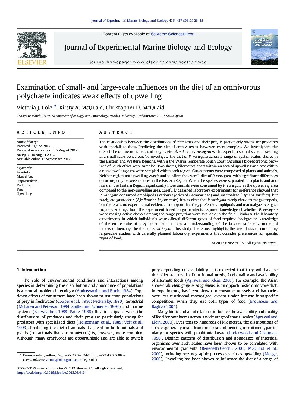 Examination of small- and large-scale influences on the diet of an omnivorous polychaete indicates weak effects of upwelling