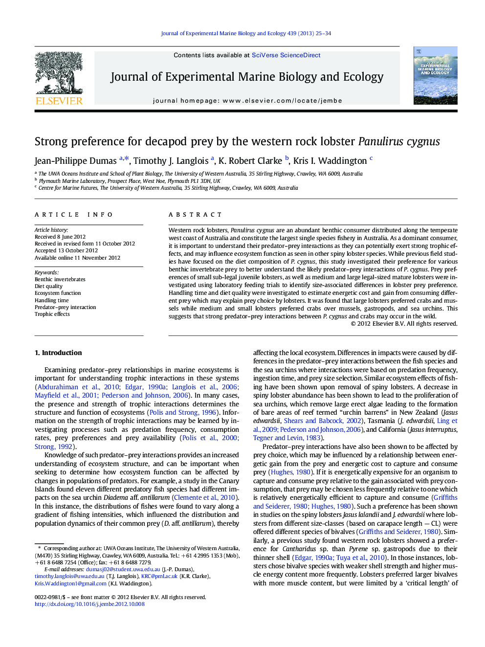 Strong preference for decapod prey by the western rock lobster Panulirus cygnus