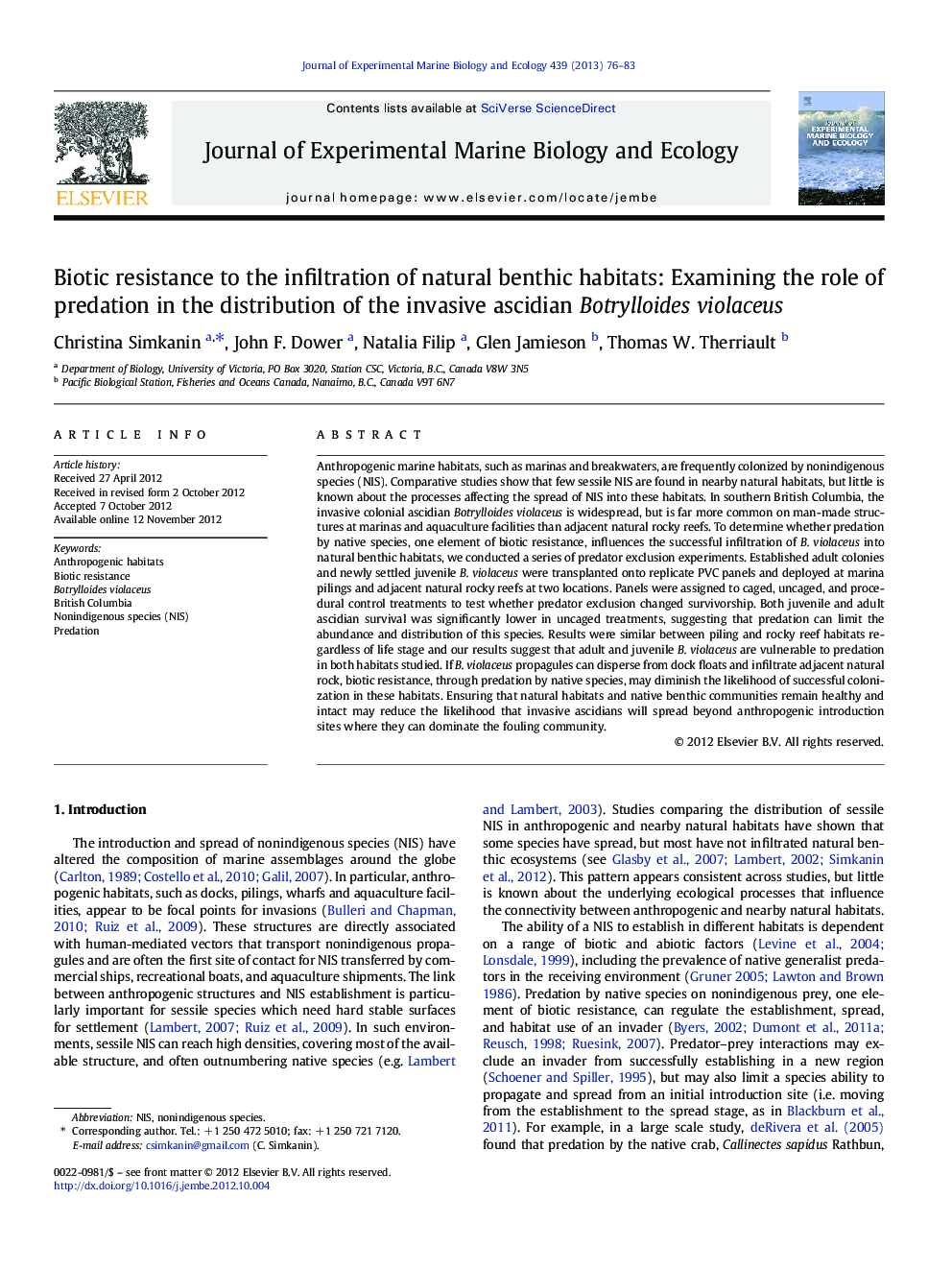 Biotic resistance to the infiltration of natural benthic habitats: Examining the role of predation in the distribution of the invasive ascidian Botrylloides violaceus