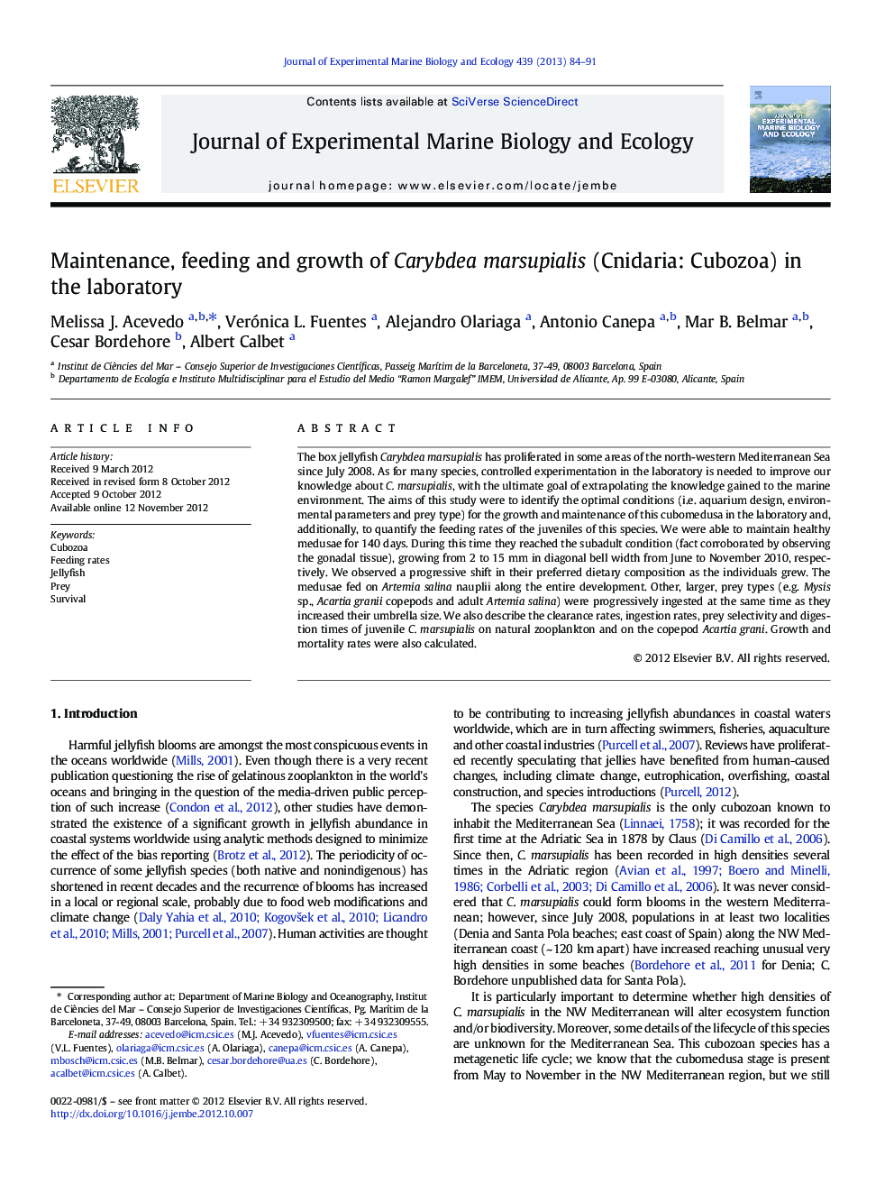 Maintenance, feeding and growth of Carybdea marsupialis (Cnidaria: Cubozoa) in the laboratory