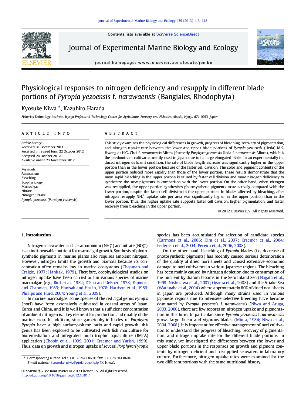 Physiological responses to nitrogen deficiency and resupply in different blade portions of Pyropia yezoensis f. narawaensis (Bangiales, Rhodophyta)