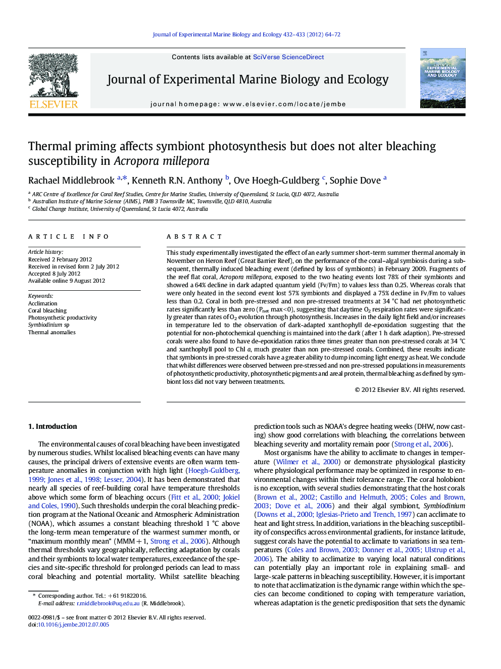 Thermal priming affects symbiont photosynthesis but does not alter bleaching susceptibility in Acropora millepora