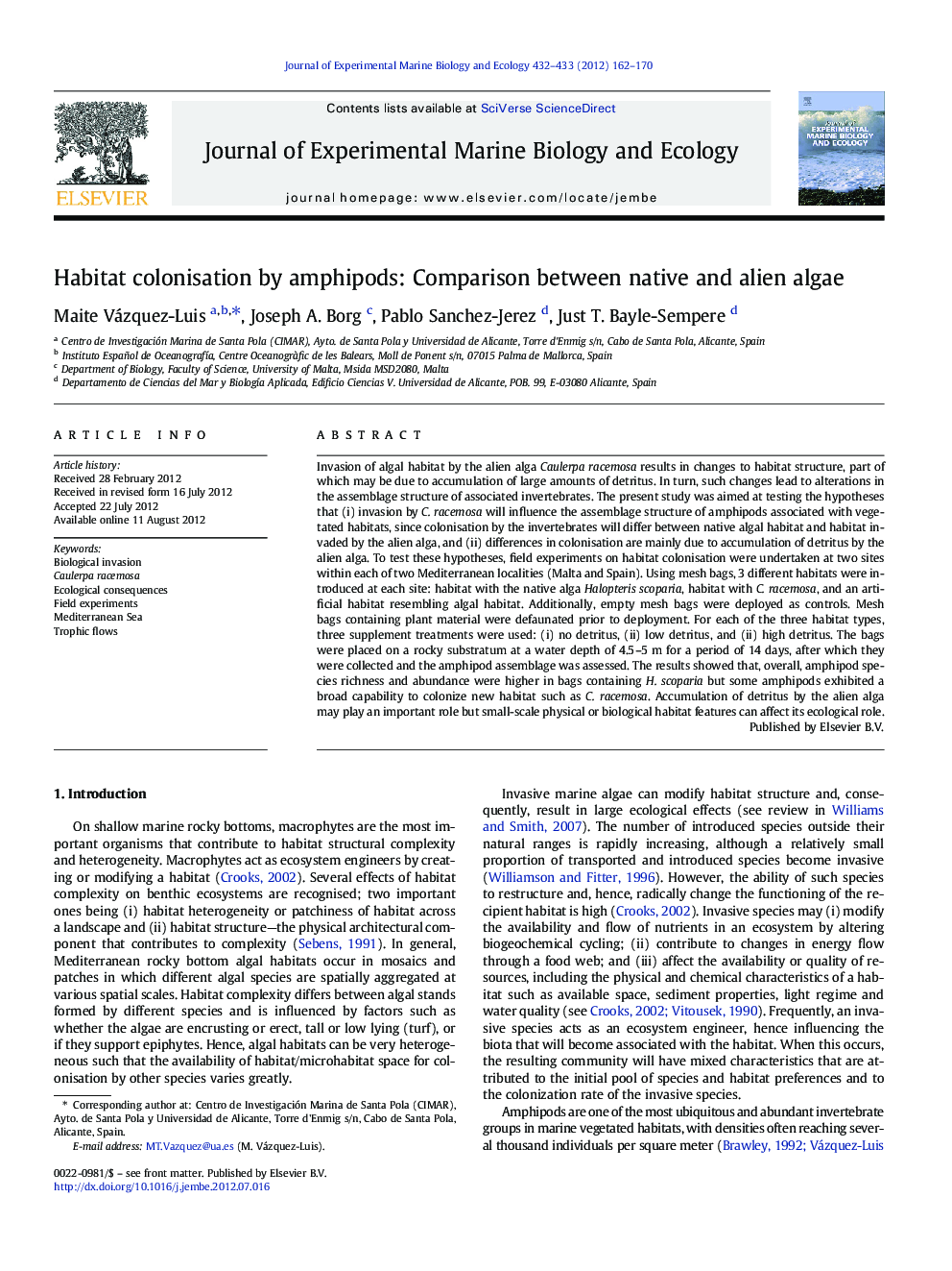 Habitat colonisation by amphipods: Comparison between native and alien algae