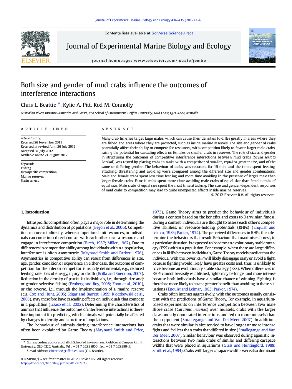 Both size and gender of mud crabs influence the outcomes of interference interactions