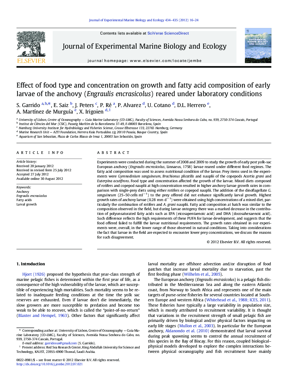 Effect of food type and concentration on growth and fatty acid composition of early larvae of the anchovy (Engraulis encrasicolus) reared under laboratory conditions