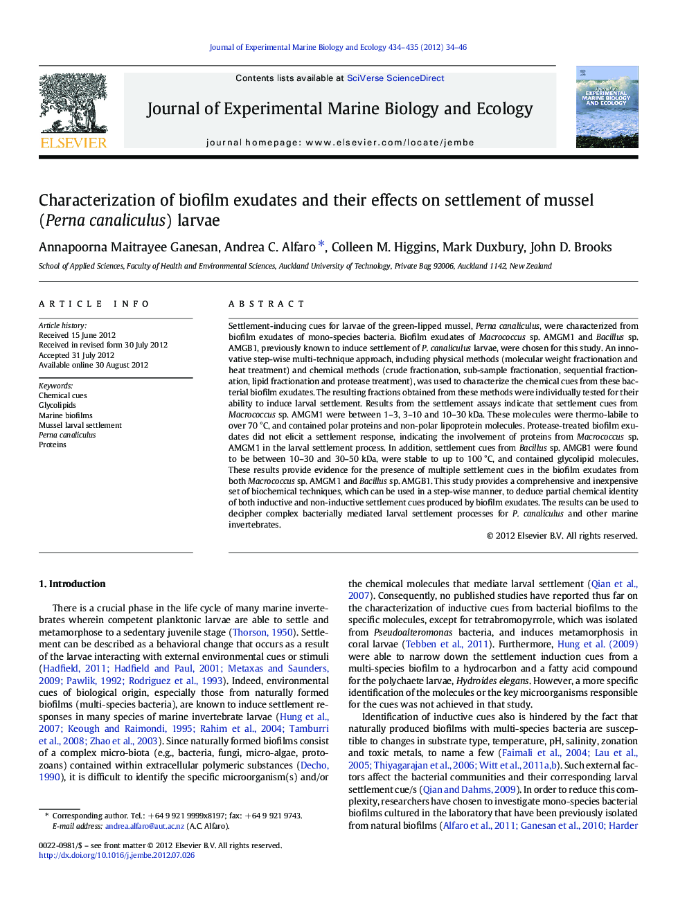 Characterization of biofilm exudates and their effects on settlement of mussel (Perna canaliculus) larvae