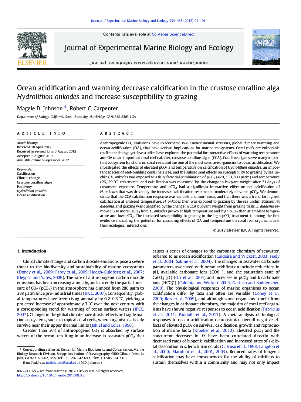 Ocean acidification and warming decrease calcification in the crustose coralline alga Hydrolithon onkodes and increase susceptibility to grazing