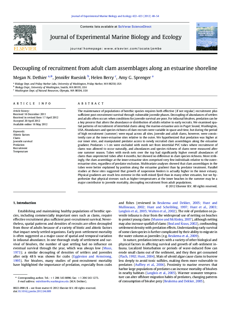 Decoupling of recruitment from adult clam assemblages along an estuarine shoreline