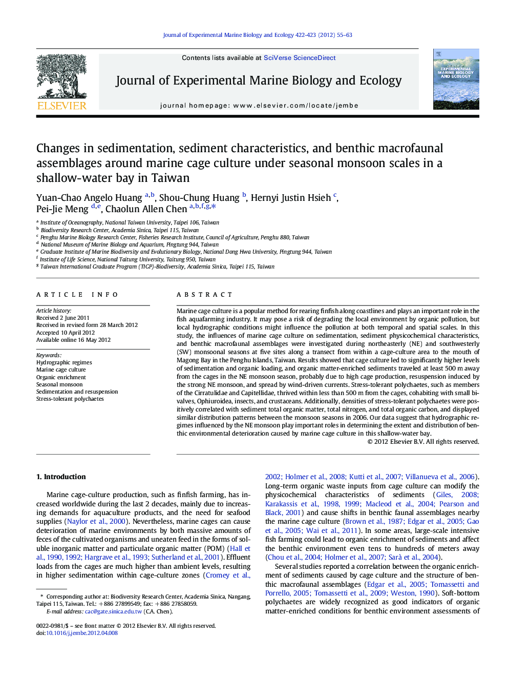 Changes in sedimentation, sediment characteristics, and benthic macrofaunal assemblages around marine cage culture under seasonal monsoon scales in a shallow-water bay in Taiwan