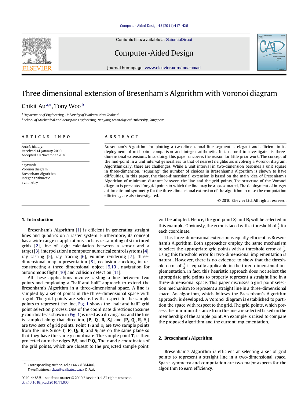 Three dimensional extension of Bresenham’s Algorithm with Voronoi diagram