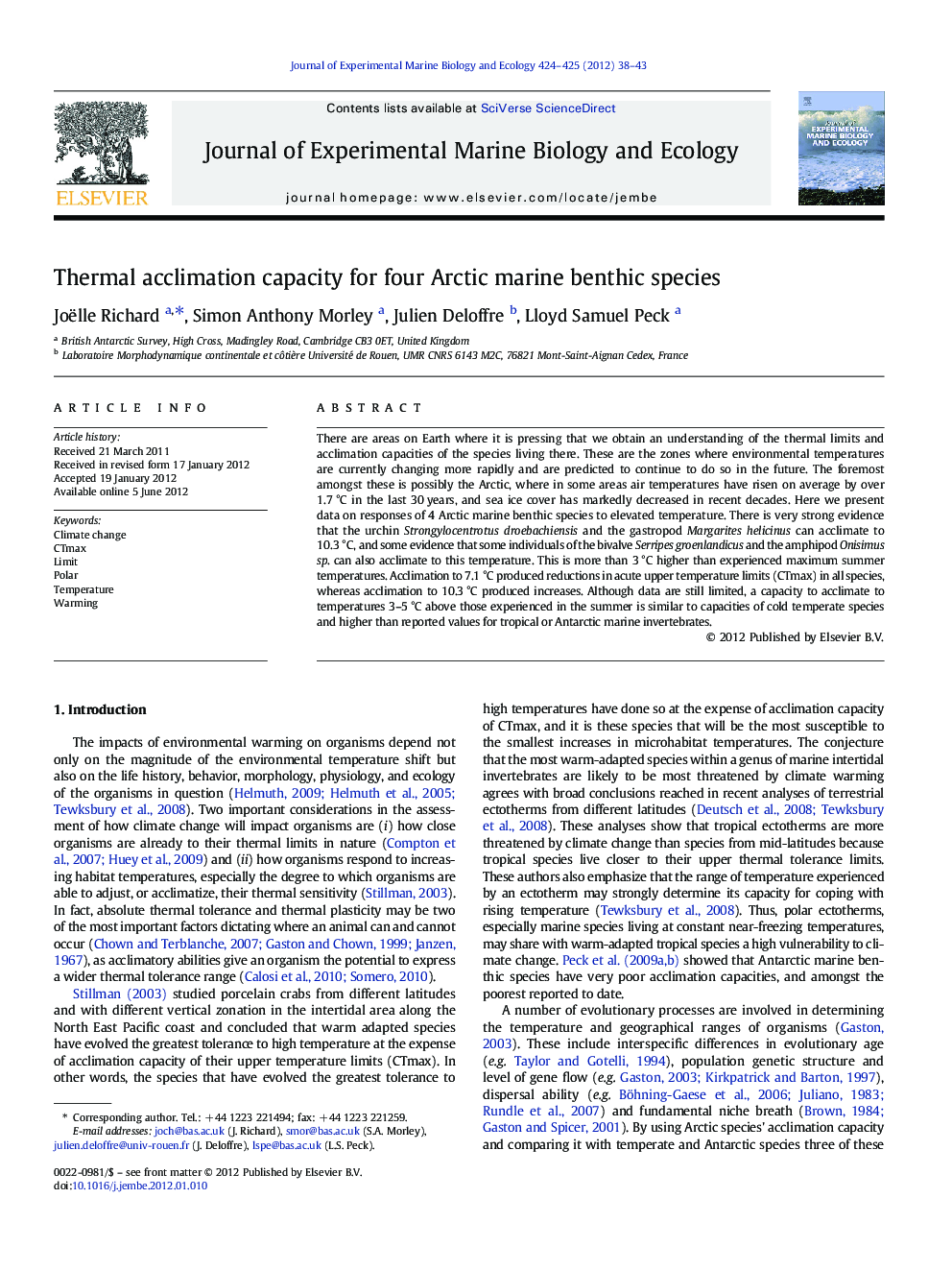 Thermal acclimation capacity for four Arctic marine benthic species