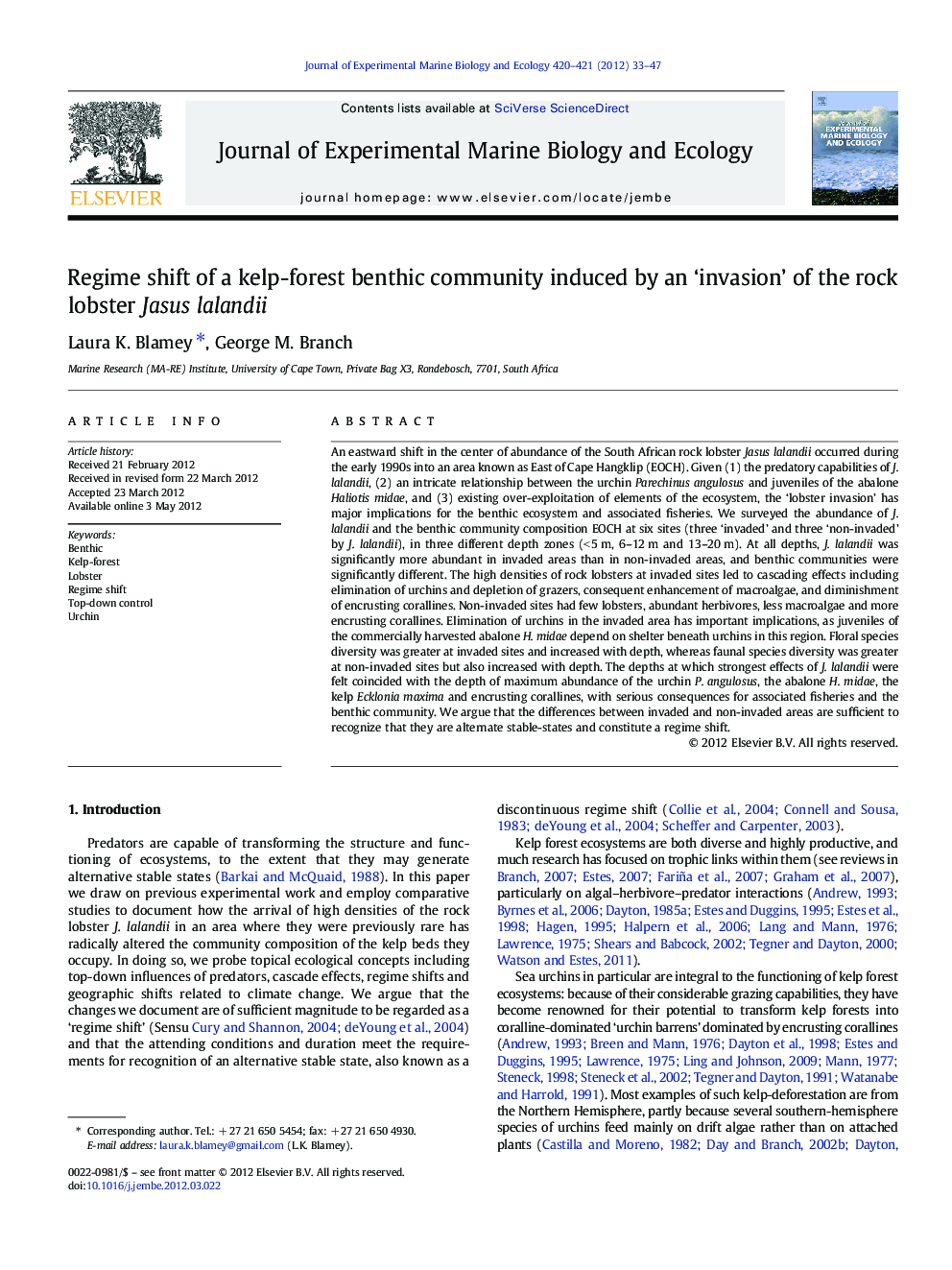 Regime shift of a kelp-forest benthic community induced by an 'invasion' of the rock lobster Jasus lalandii