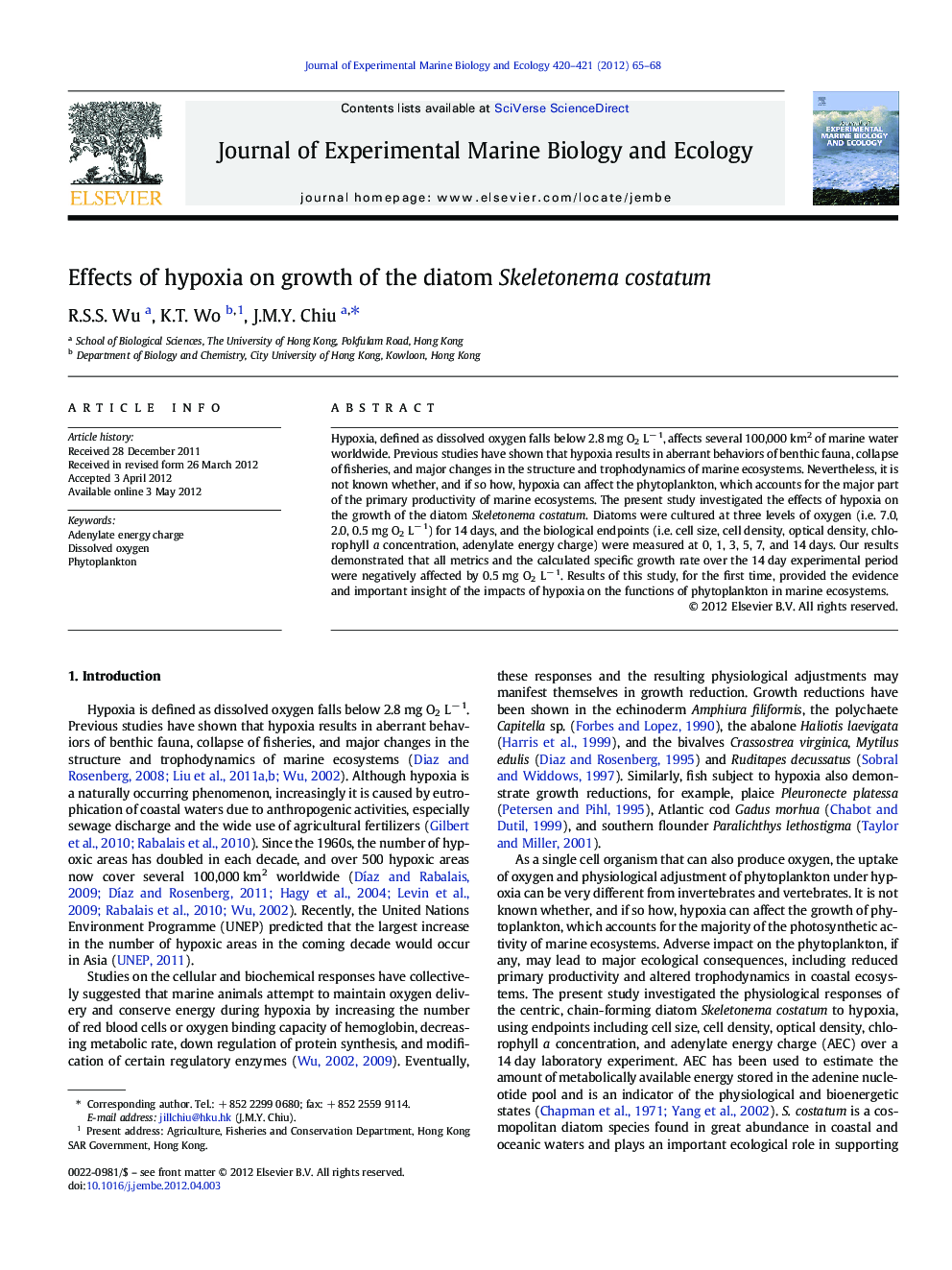 Effects of hypoxia on growth of the diatom Skeletonema costatum