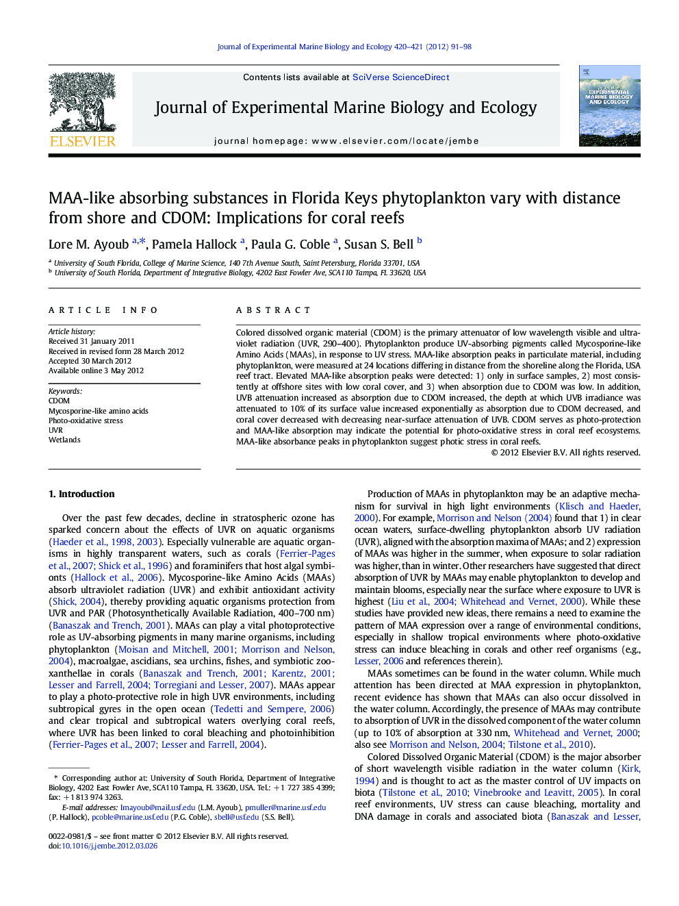 MAA-like absorbing substances in Florida Keys phytoplankton vary with distance from shore and CDOM: Implications for coral reefs