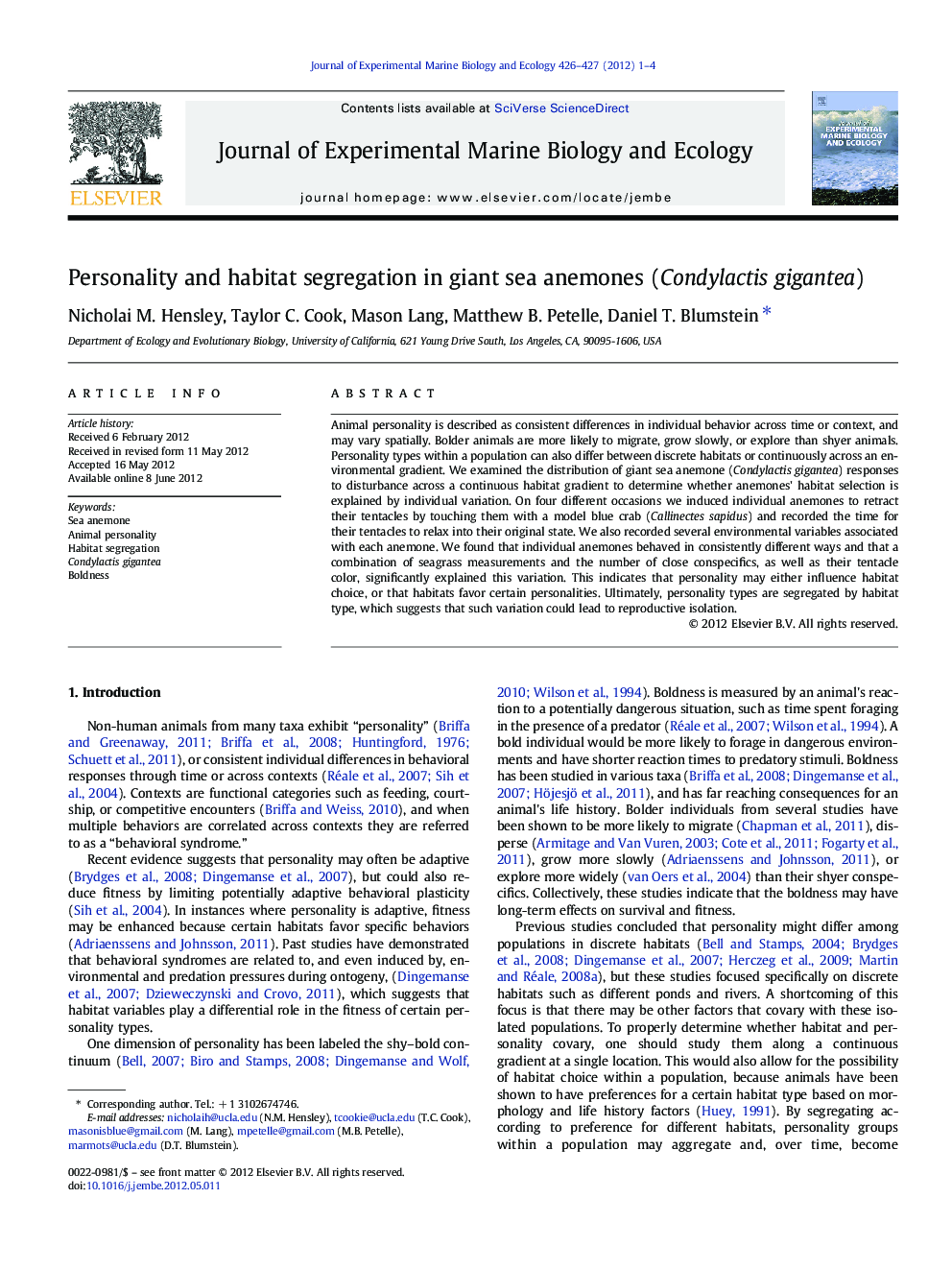 Personality and habitat segregation in giant sea anemones (Condylactis gigantea)
