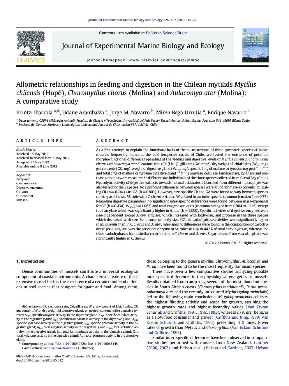 Allometric relationships in feeding and digestion in the Chilean mytilids Mytilus chilensis (Hupé), Choromytilus chorus (Molina) and Aulacomya ater (Molina): A comparative study