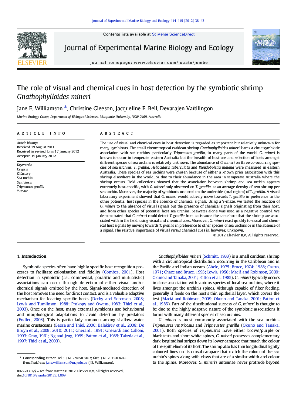 The role of visual and chemical cues in host detection by the symbiotic shrimp Gnathophylloides mineri