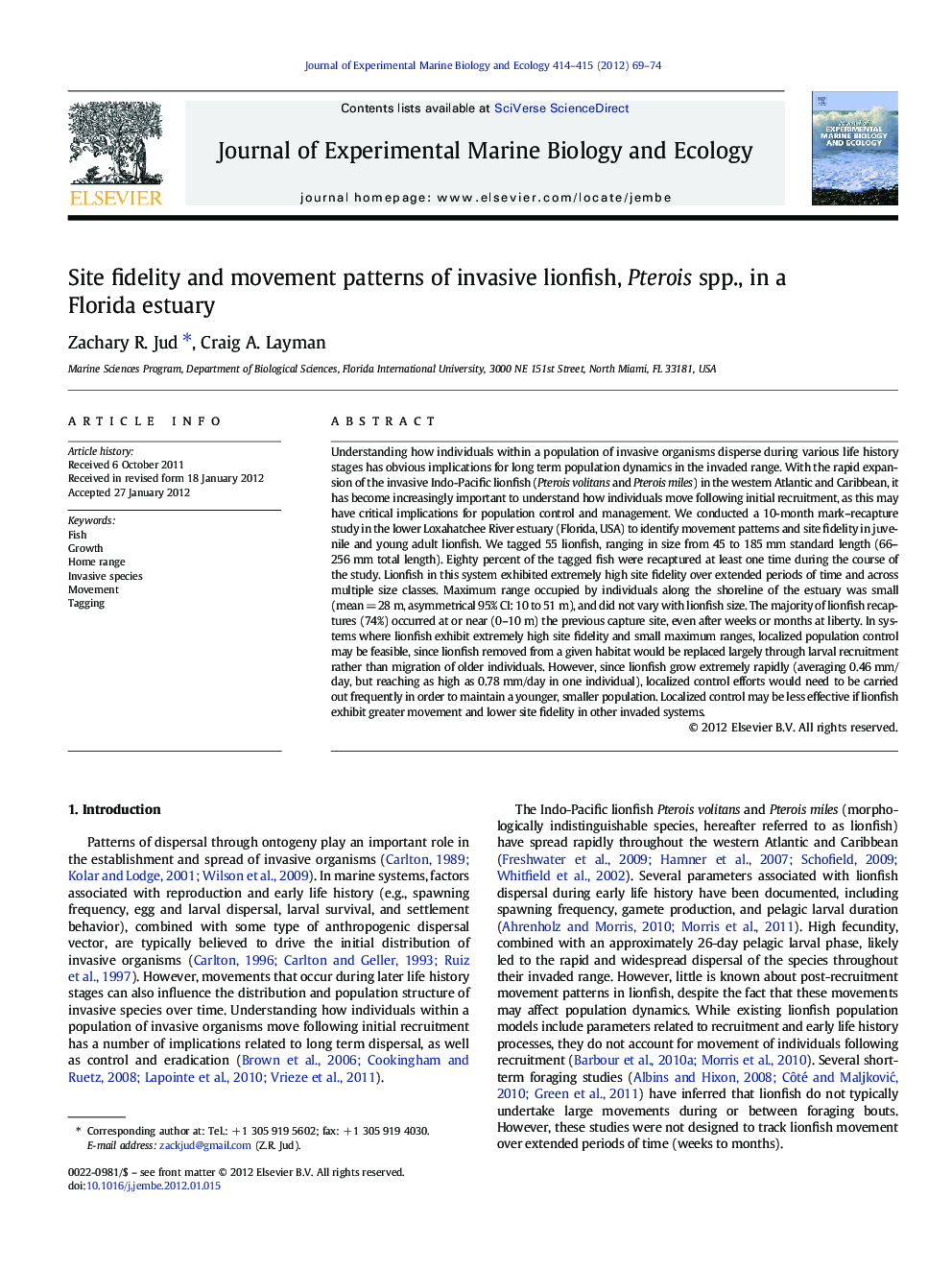 Site fidelity and movement patterns of invasive lionfish, Pterois spp., in a Florida estuary