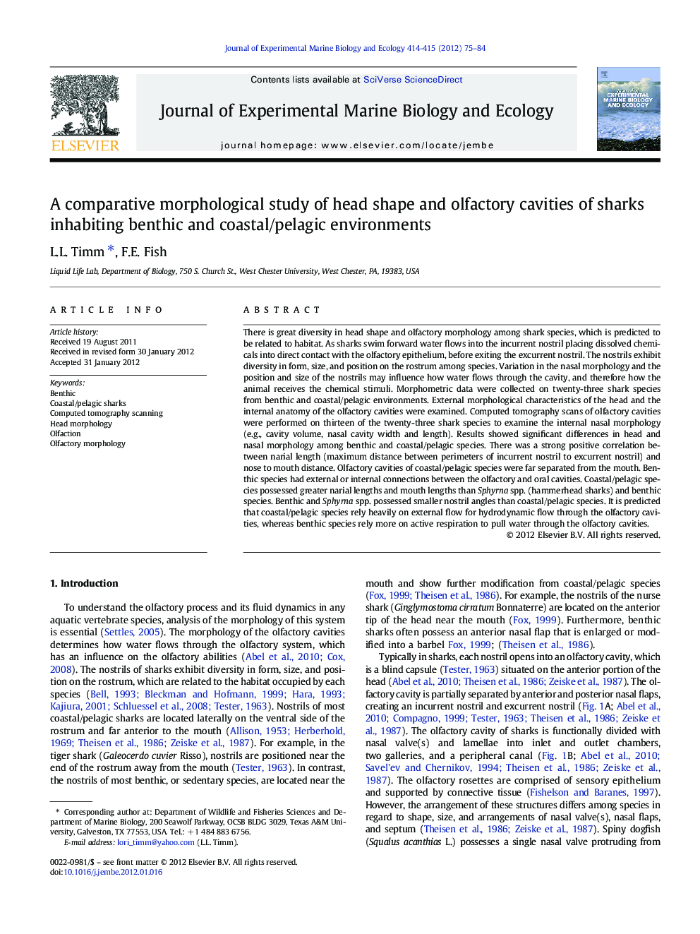 A comparative morphological study of head shape and olfactory cavities of sharks inhabiting benthic and coastal/pelagic environments