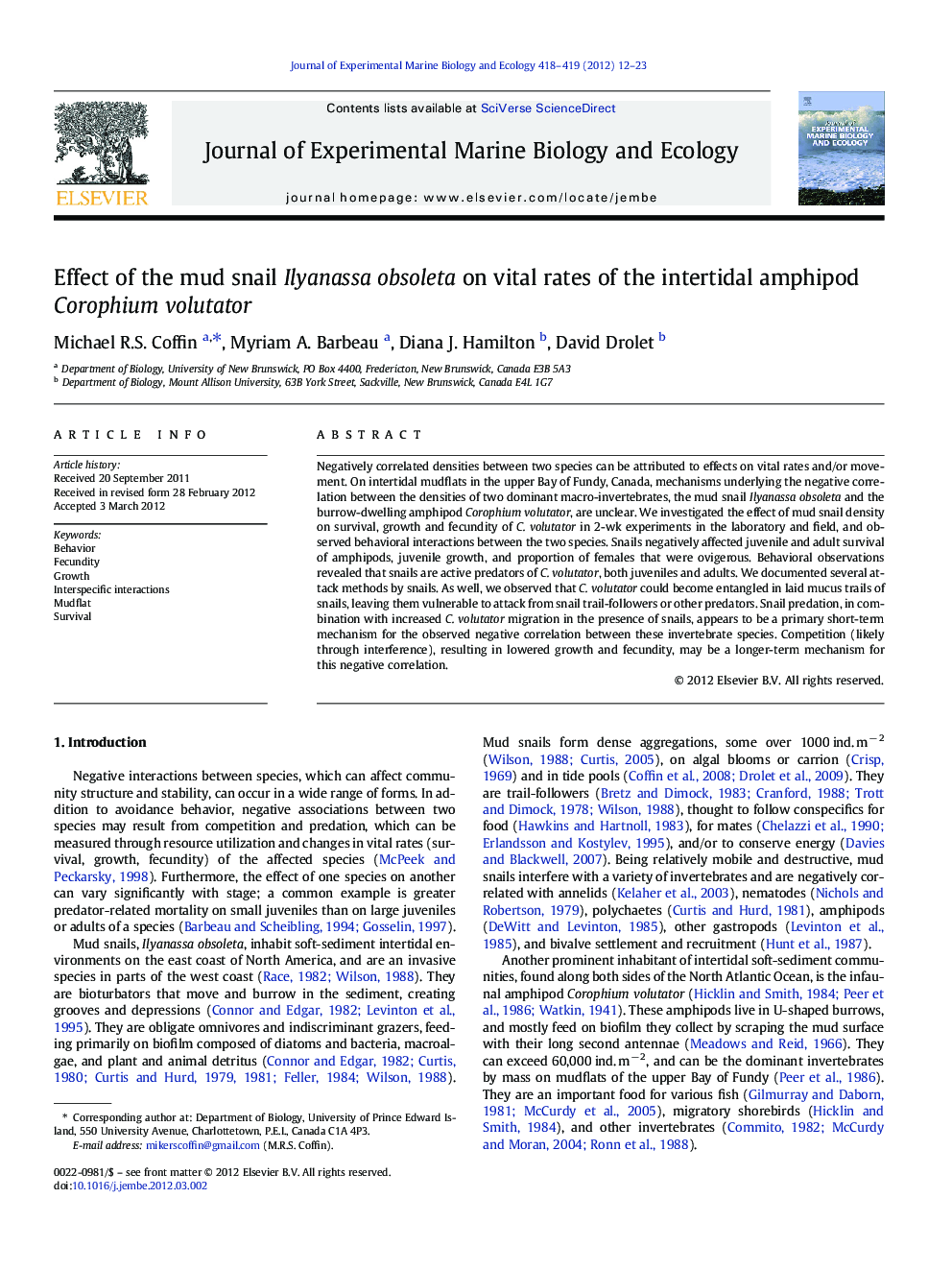 Effect of the mud snail Ilyanassa obsoleta on vital rates of the intertidal amphipod Corophium volutator