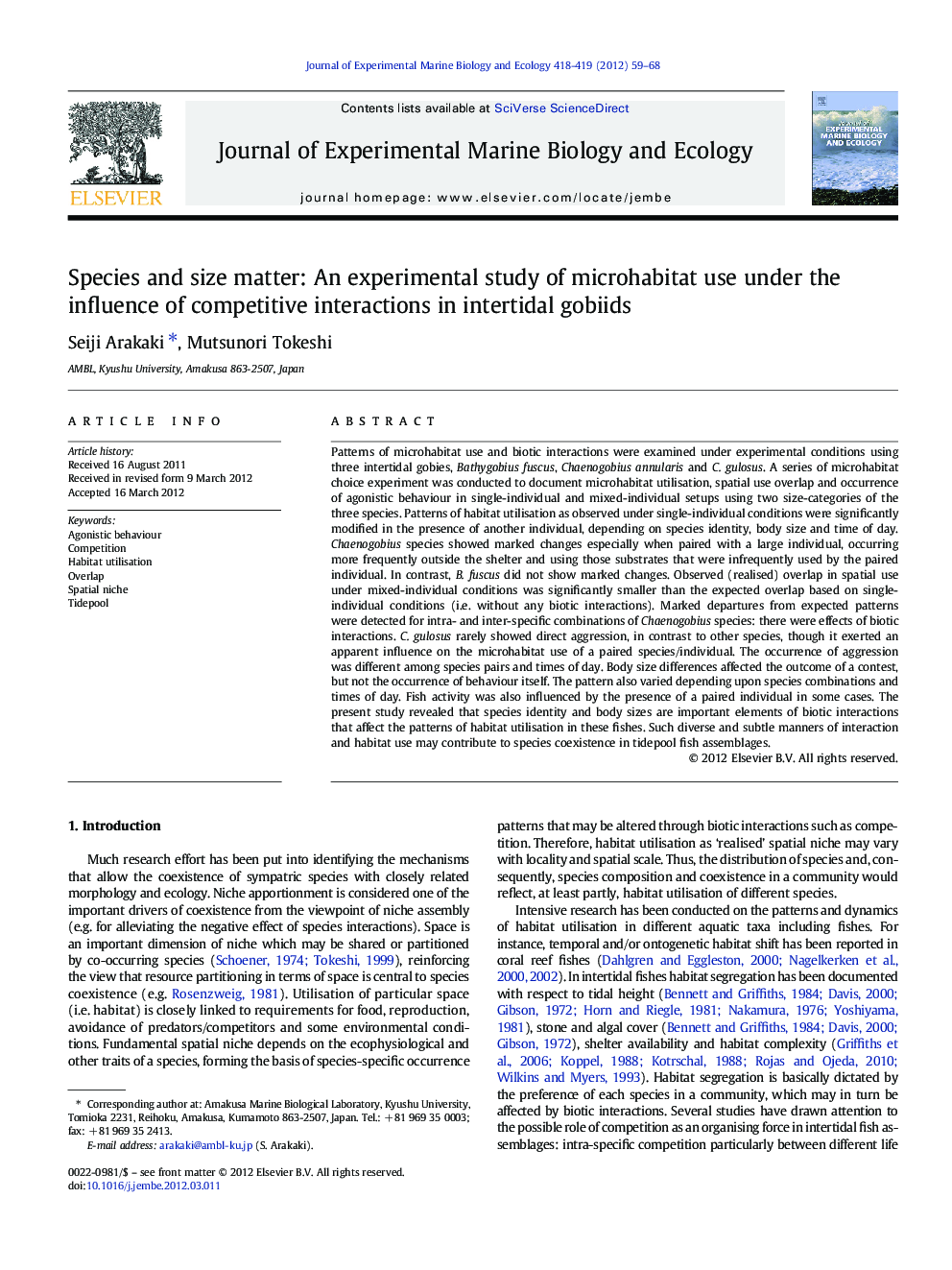 Species and size matter: An experimental study of microhabitat use under the influence of competitive interactions in intertidal gobiids