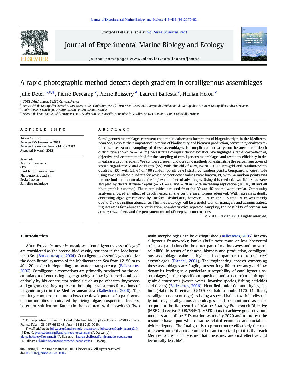 A rapid photographic method detects depth gradient in coralligenous assemblages