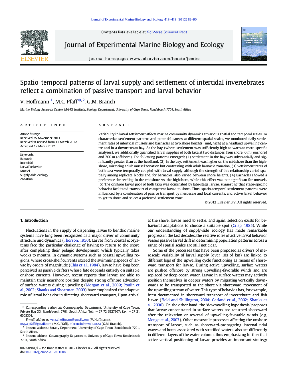 Spatio-temporal patterns of larval supply and settlement of intertidal invertebrates reflect a combination of passive transport and larval behavior