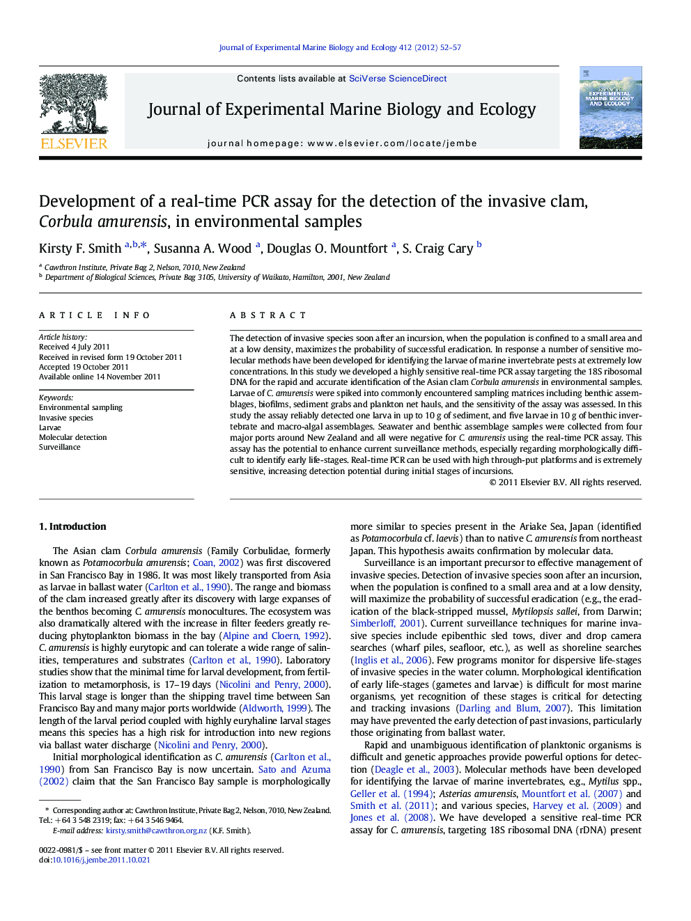 Development of a real-time PCR assay for the detection of the invasive clam, Corbula amurensis, in environmental samples