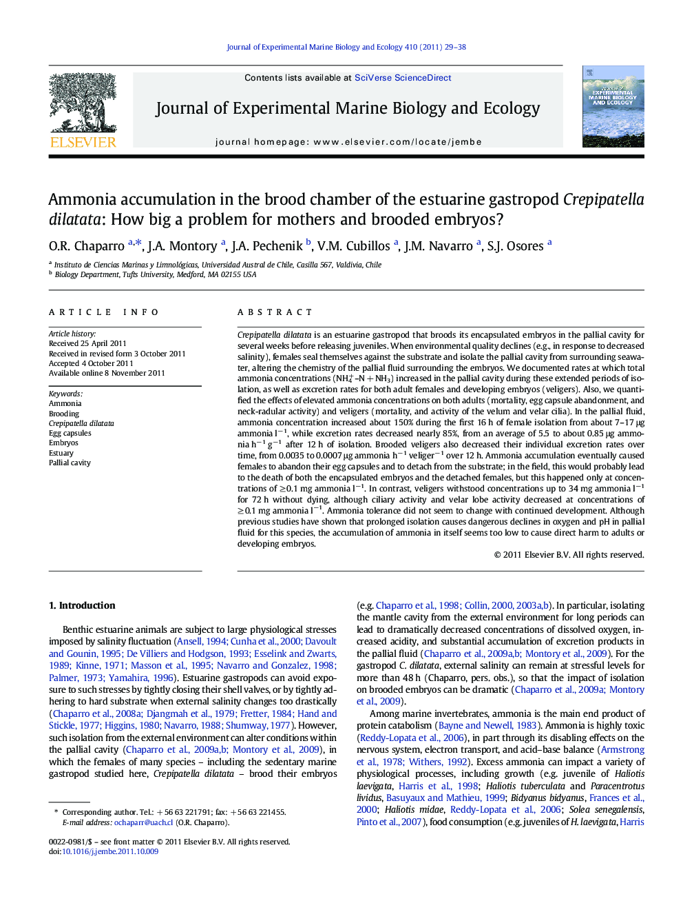 Ammonia accumulation in the brood chamber of the estuarine gastropod Crepipatella dilatata: How big a problem for mothers and brooded embryos?