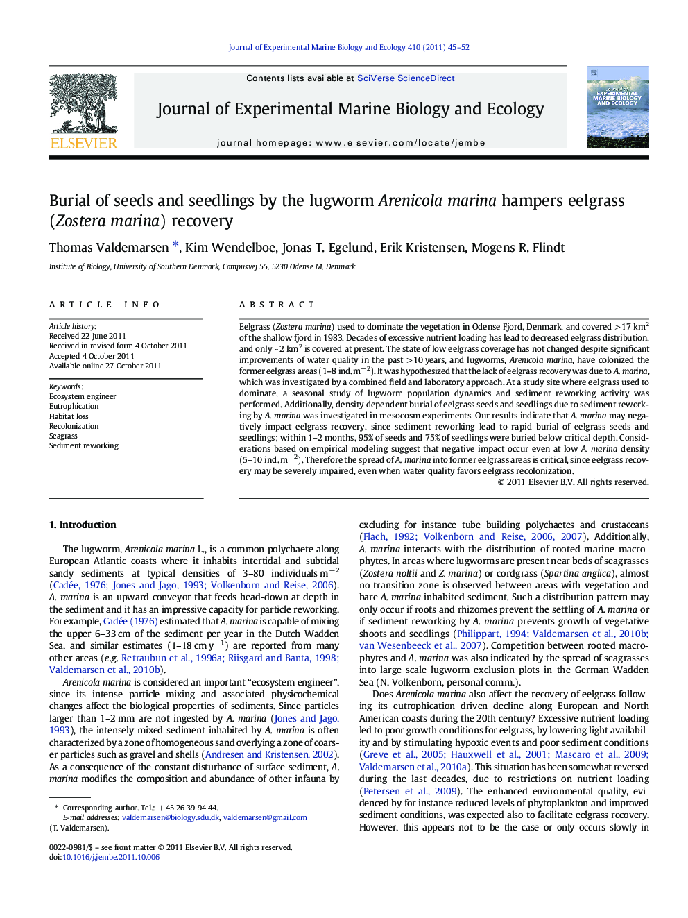 Burial of seeds and seedlings by the lugworm Arenicola marina hampers eelgrass (Zostera marina) recovery