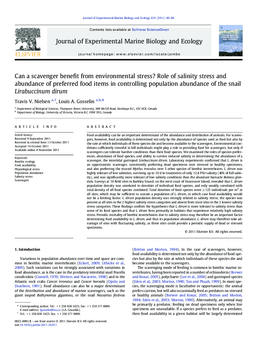 Can a scavenger benefit from environmental stress? Role of salinity stress and abundance of preferred food items in controlling population abundance of the snail Lirabuccinum dirum