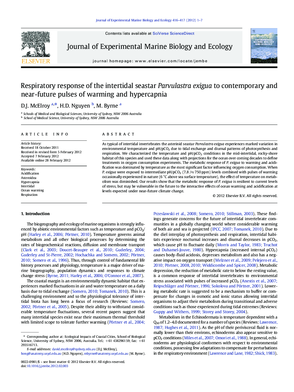 عکس صفحه اول مقاله: Respiratory response of the intertidal seastar Parvulastra exigua to contemporary and near-future pulses of warming and hypercapnia Respiratory response of the intertidal seastar Parvulastra exigua to contemporary and near-future pulses of warming and hypercapnia