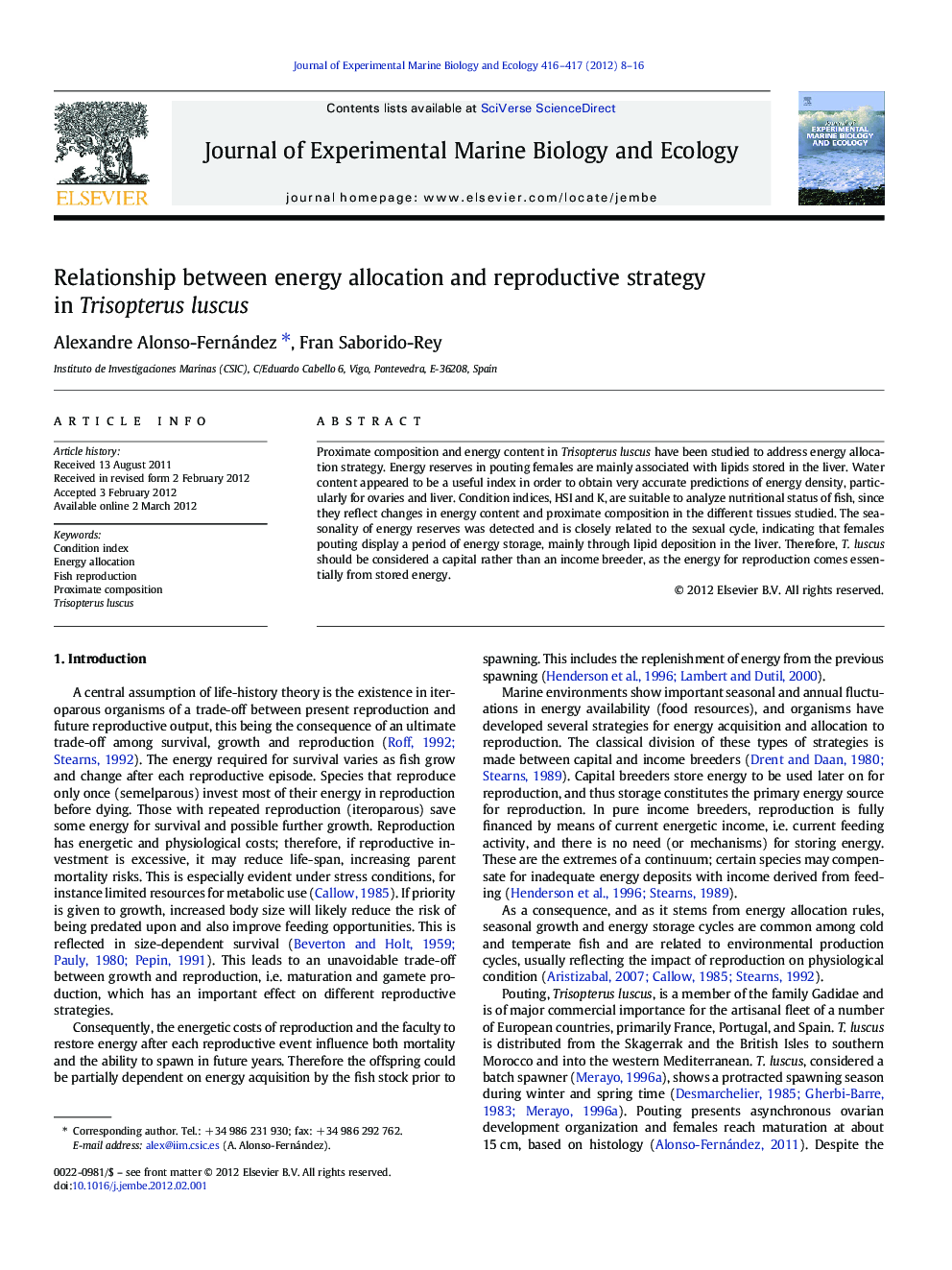 Relationship between energy allocation and reproductive strategy in Trisopterus luscus