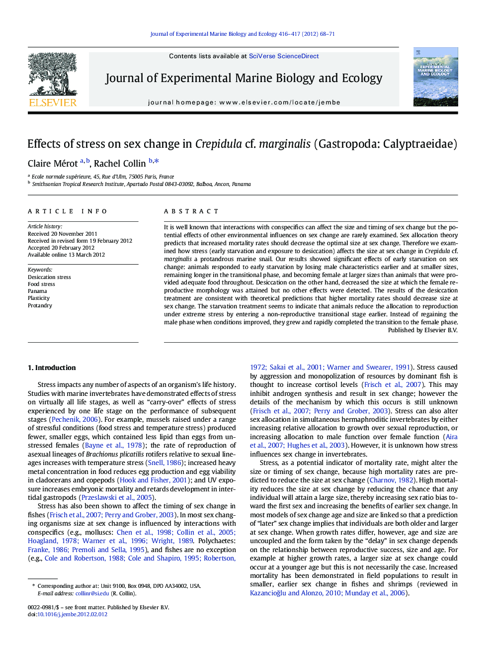 Effects of stress on sex change in Crepidula cf. marginalis (Gastropoda: Calyptraeidae)