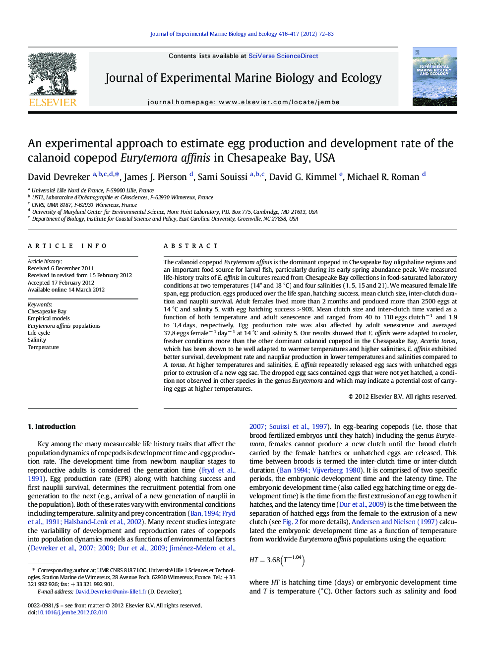 An experimental approach to estimate egg production and development rate of the calanoid copepod Eurytemora affinis in Chesapeake Bay, USA
