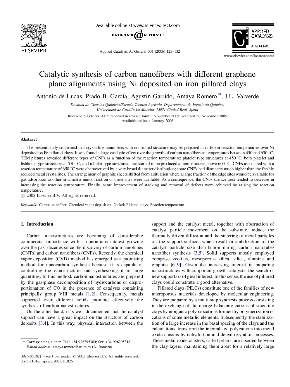 Catalytic synthesis of carbon nanofibers with different graphene plane alignments using Ni deposited on iron pillared clays