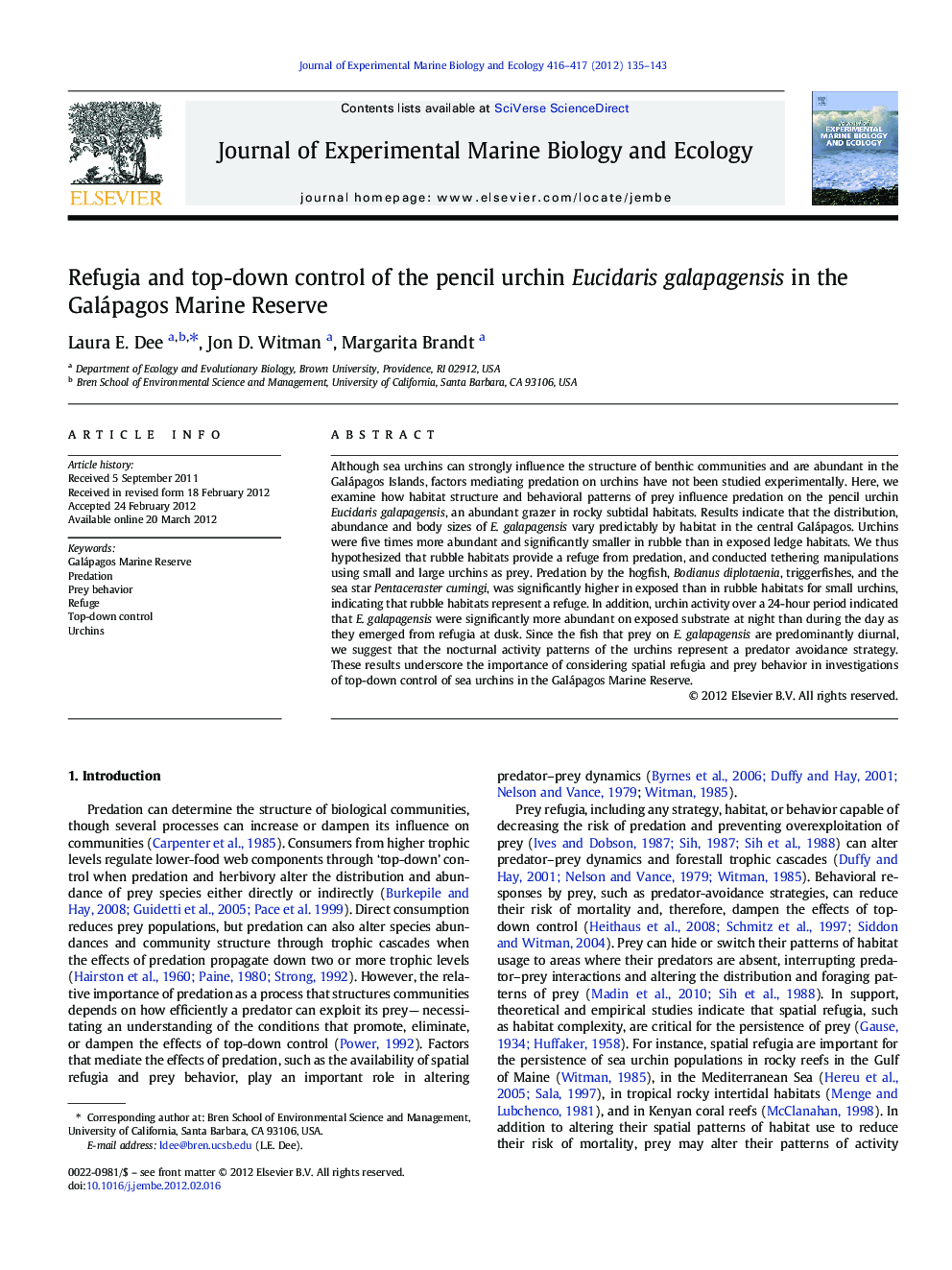 Refugia and top-down control of the pencil urchin Eucidaris galapagensis in the Galápagos Marine Reserve