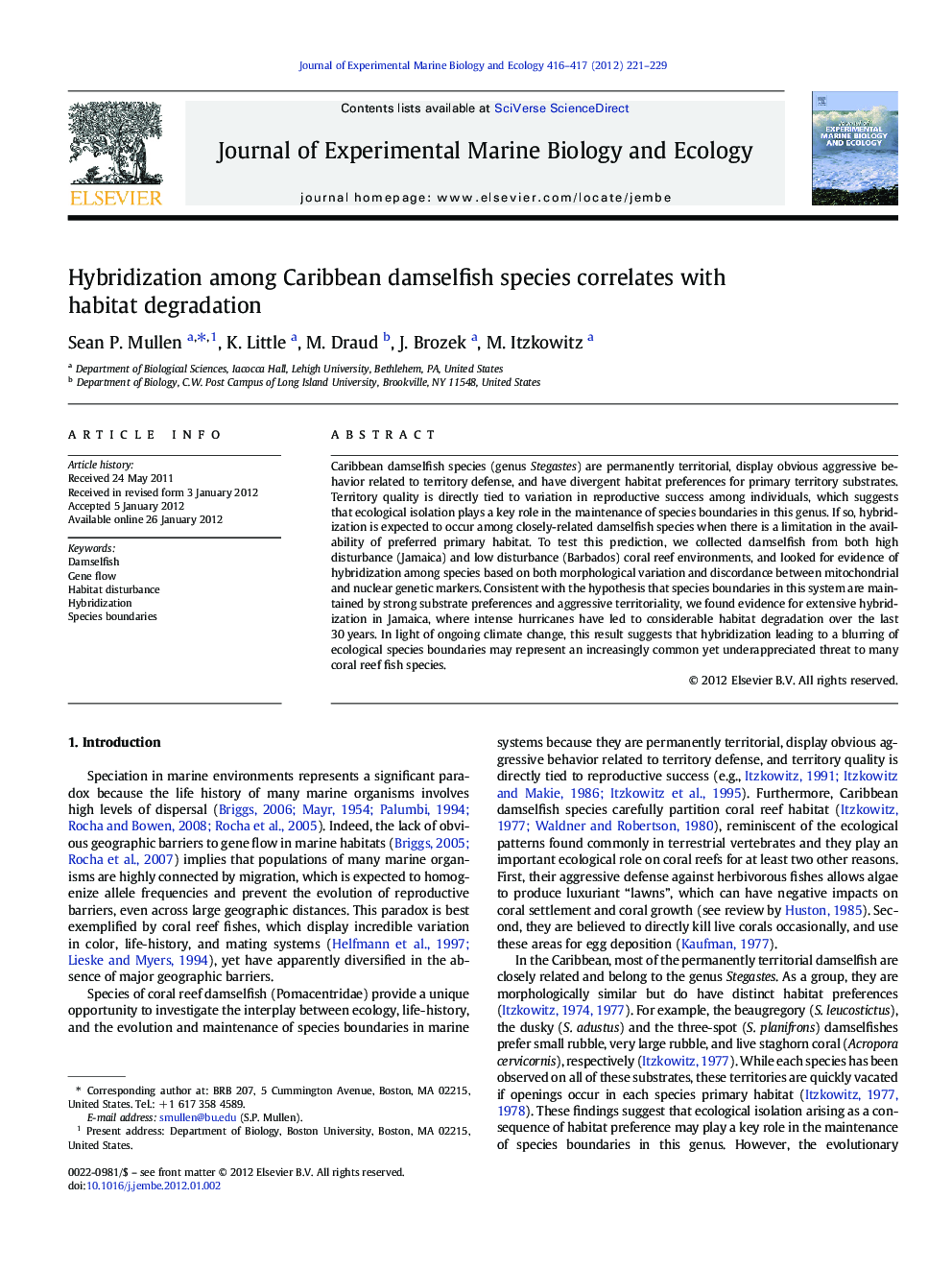 عکس صفحه اول مقاله: Hybridization among Caribbean damselfish species correlates with habitat degradation Hybridization among Caribbean damselfish species correlates with habitat degradation