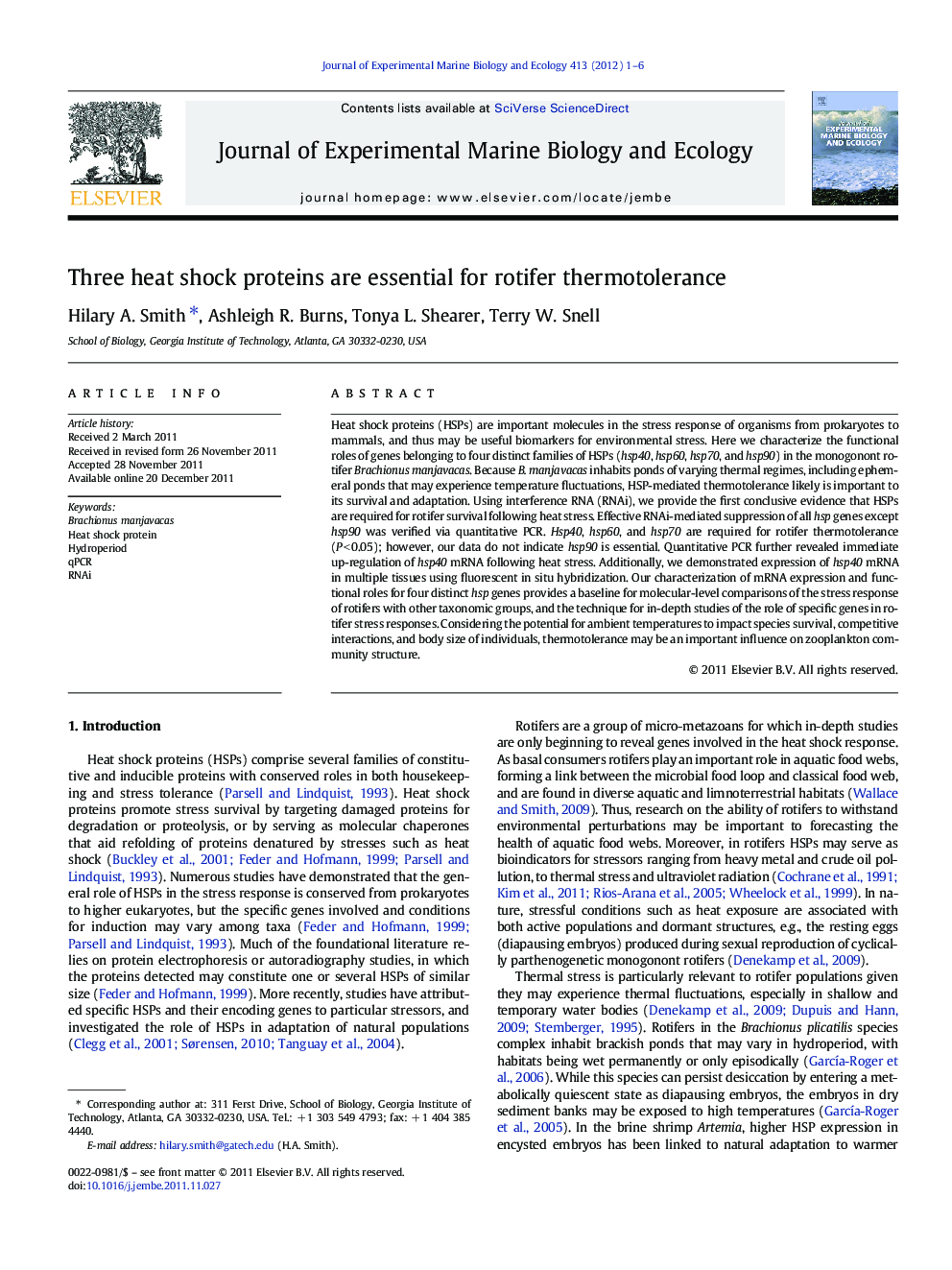 Three heat shock proteins are essential for rotifer thermotolerance