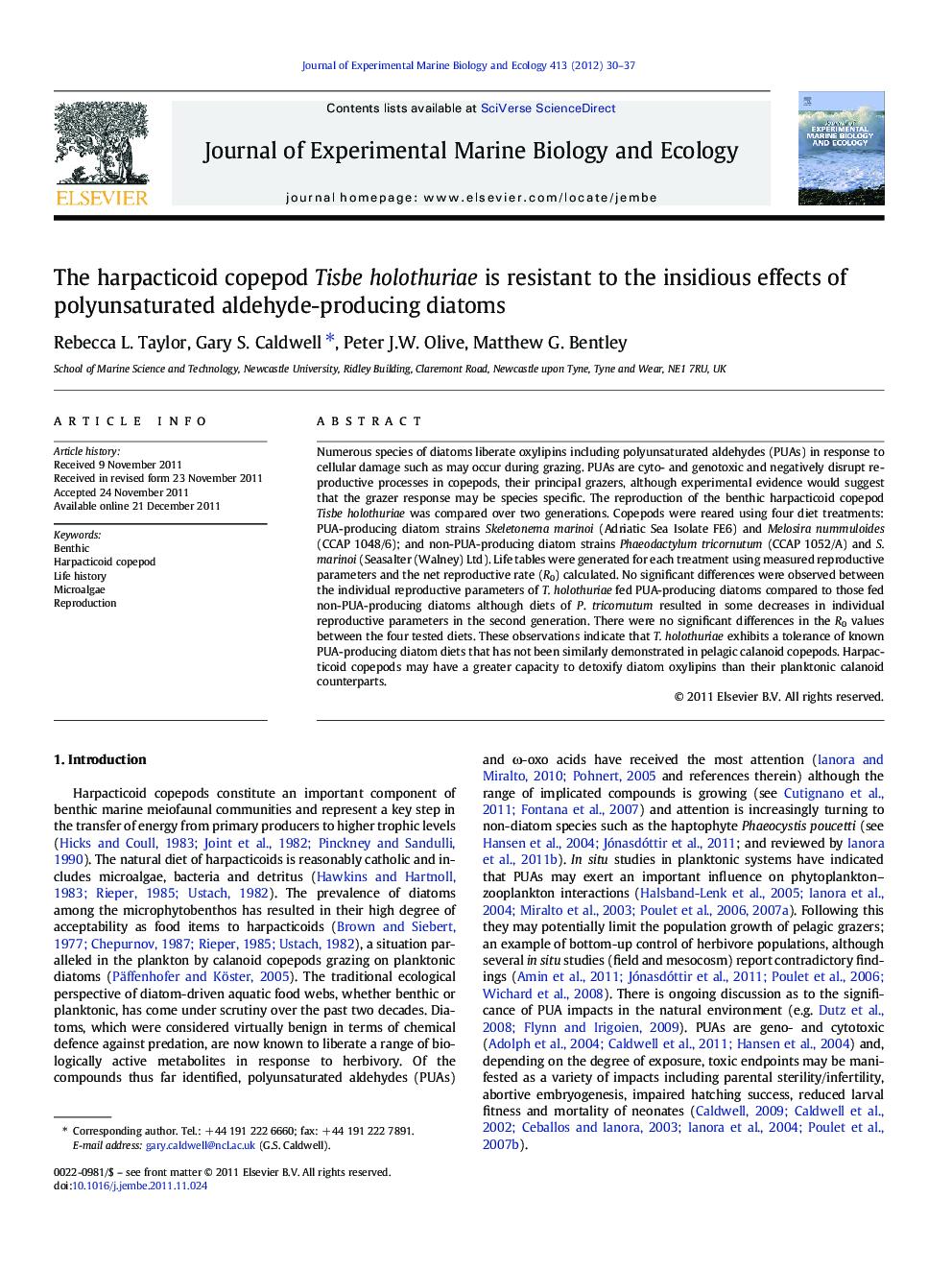 The harpacticoid copepod Tisbe holothuriae is resistant to the insidious effects of polyunsaturated aldehyde-producing diatoms