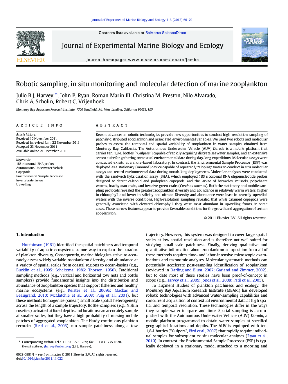 Robotic sampling, in situ monitoring and molecular detection of marine zooplankton