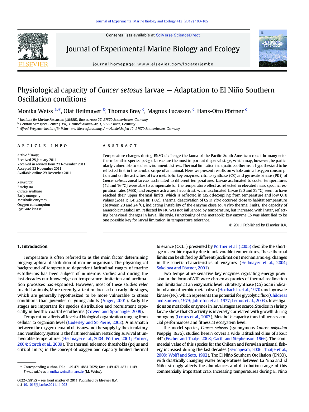 Physiological capacity of Cancer setosus larvae — Adaptation to El Niño Southern Oscillation conditions