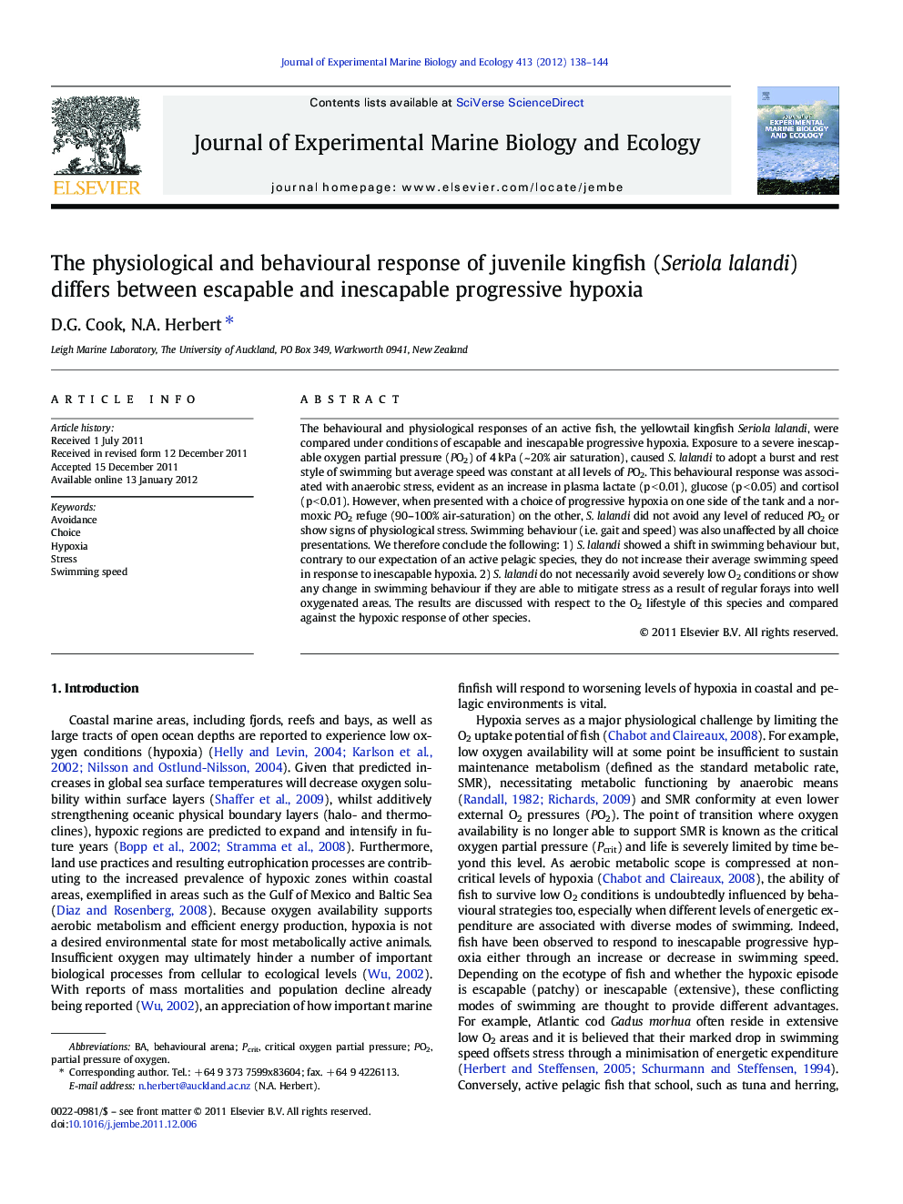 The physiological and behavioural response of juvenile kingfish (Seriola lalandi) differs between escapable and inescapable progressive hypoxia