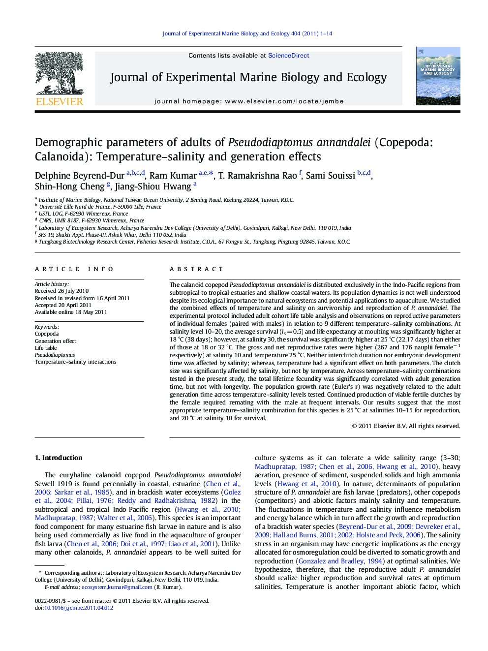 Demographic parameters of adults of Pseudodiaptomus annandalei (Copepoda: Calanoida): Temperature–salinity and generation effects