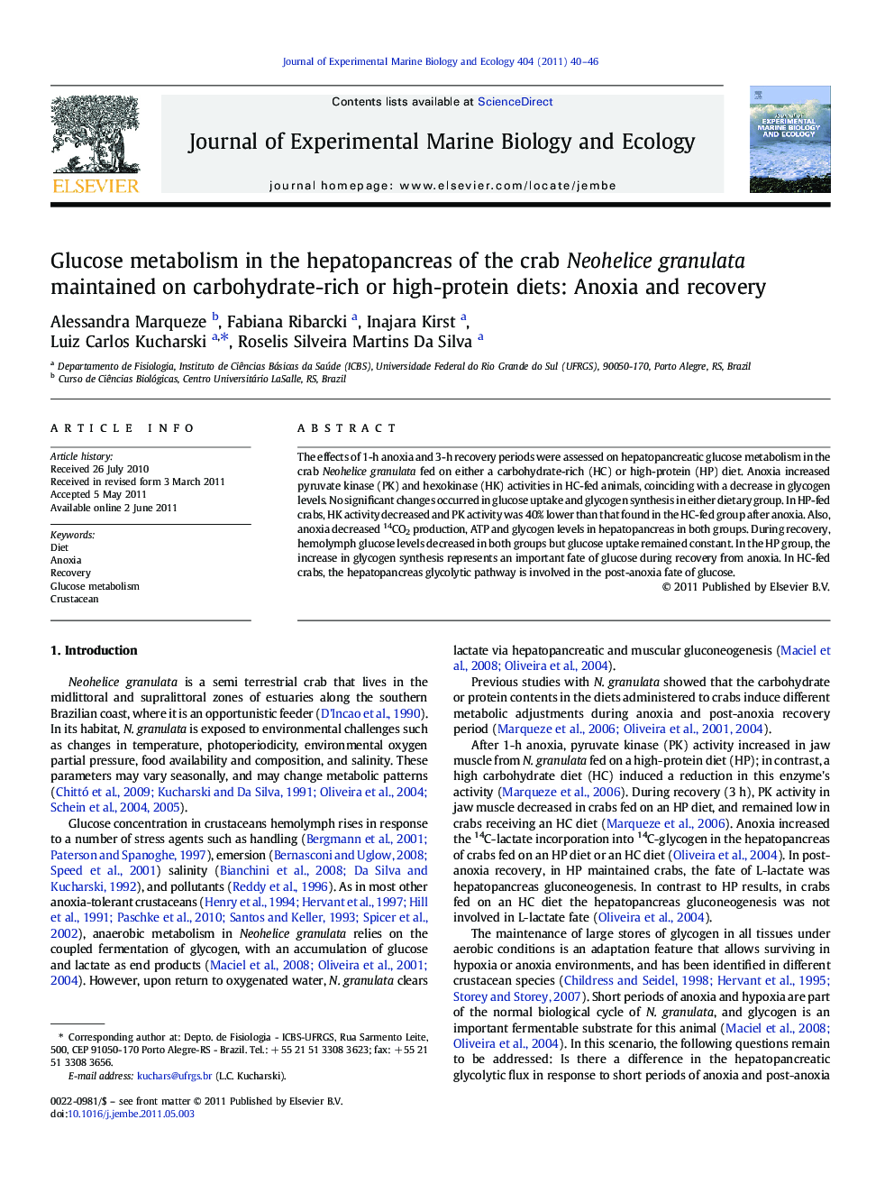 Glucose metabolism in the hepatopancreas of the crab Neohelice granulata maintained on carbohydrate-rich or high-protein diets: Anoxia and recovery